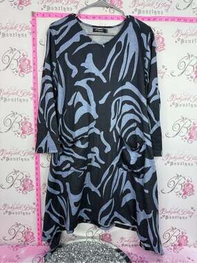 Papa Vancouver mini dress or long shirt Black & Slate Blue Abstract V-Neck Tunic